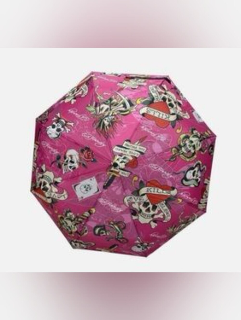 Ed Hardy NWT Love Kills Slowly Compact Umbrella Pink Y2K Deadstock Tattoo Skull